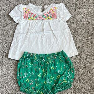 White Floral Embroidered Top and Green Floral Shorts Set